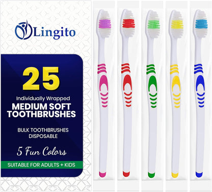 25 Bulk Toothbrushes | Individually Wrapped | Manual Disposable Travel Toothbrush Set for Adults or Kids | Made with a Medium-Soft Large Head | Multi-Color | Travel Toiletry Oral Set