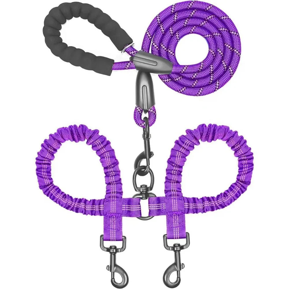 FlexiWalk™ Shock-Absorbing Double Dog Leash – Nylon, Stretchable, Anti-Winding for Comfortable Walks