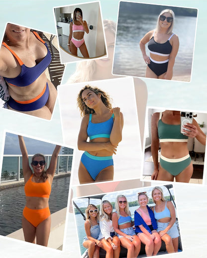 Women High Waisted Bikini Set Sports Color Block Swimsuit Scoop Neck Cheeky Bathing Suit